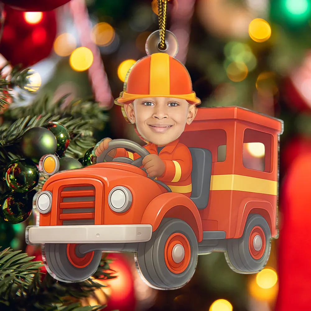 Custom Photo Kid Riding Fire Truck - Personalized Acrylic Photo Ornament - Image 6