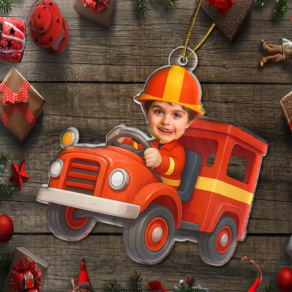 Custom Photo Kid Riding Fire Truck - Personalized Acrylic Photo Ornament - Image 7