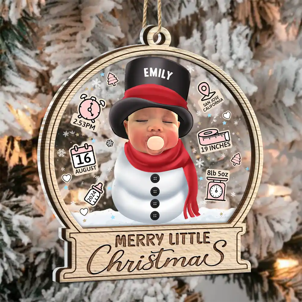Custom Photo Little Snowman Baby Birth Stats - Personalized 2-Layered Mix Ornament - Image 4