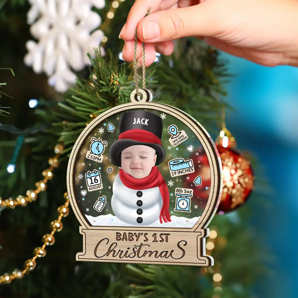 Custom Photo Little Snowman Baby Birth Stats - Personalized 2-Layered Mix Ornament - Image 5