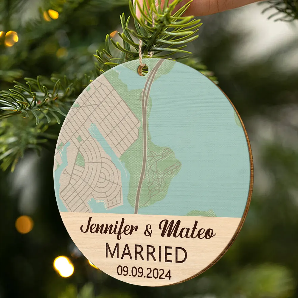 Custom Photo Location Map Married Engaged Couples - Personalized Wooden Ornament Print 2 Sides - Image 2
