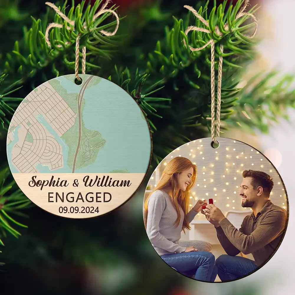 Custom Photo Location Map Married Engaged Couples - Personalized Wooden Ornament Print 2 Sides - Image 3