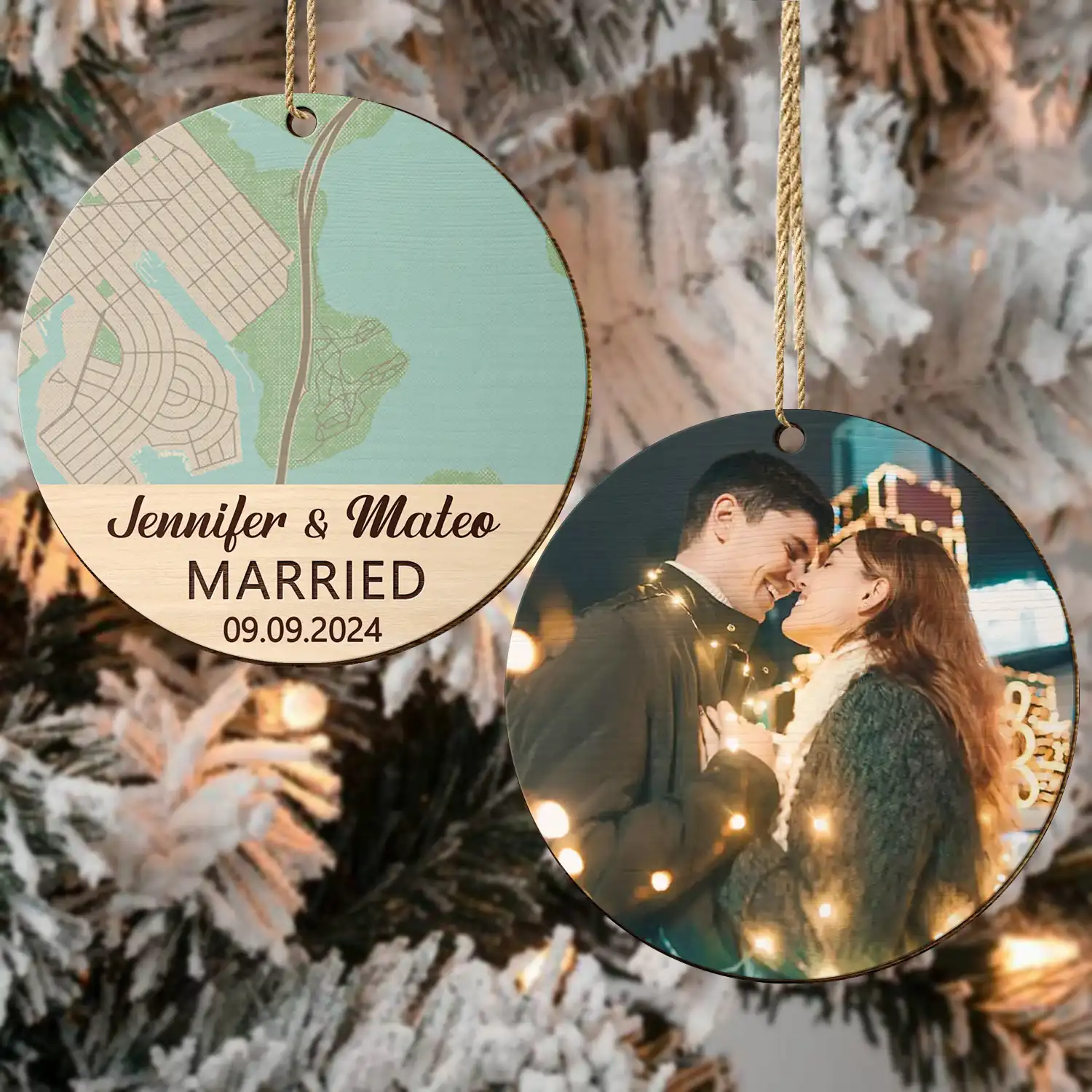 Custom Photo Location Map Married Engaged Couples - Personalized Wooden Ornament Print 2 Sides - Image 4