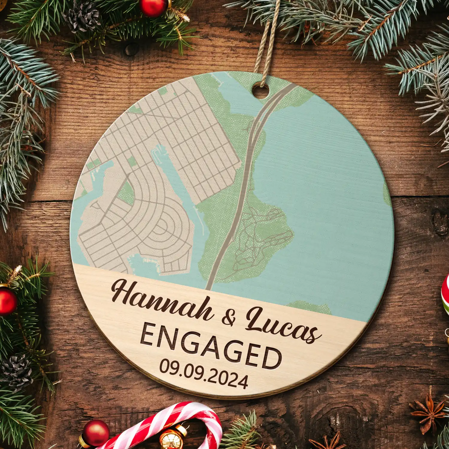 Custom Photo Location Map Married Engaged Couples - Personalized Wooden Ornament Print 2 Sides - Image 5