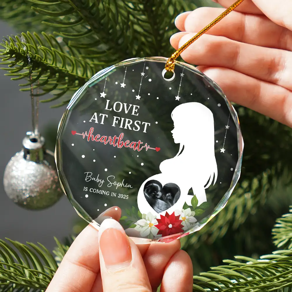 Custom Photo Love At First Heartbeat - Personalized Circle Glass Ornament - Image 2