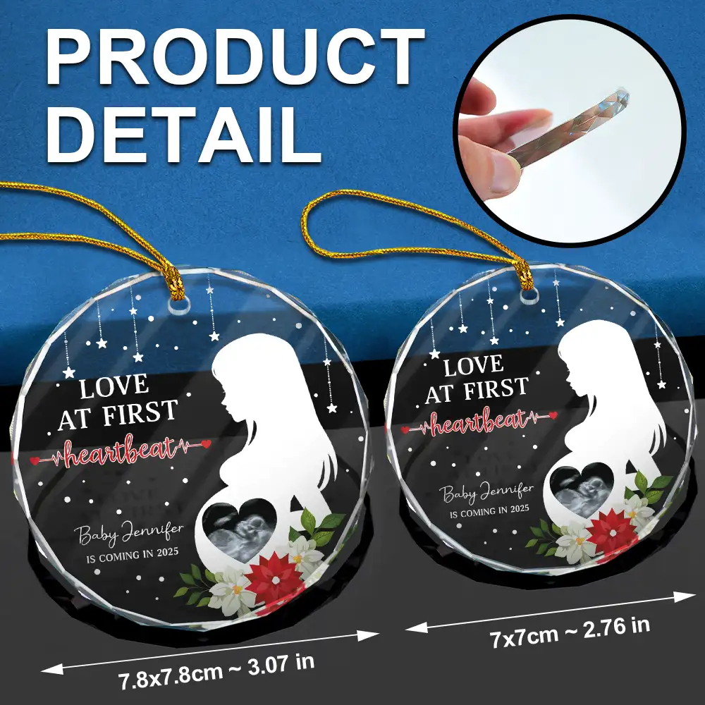 Custom Photo Love At First Heartbeat - Personalized Circle Glass Ornament - Image 6