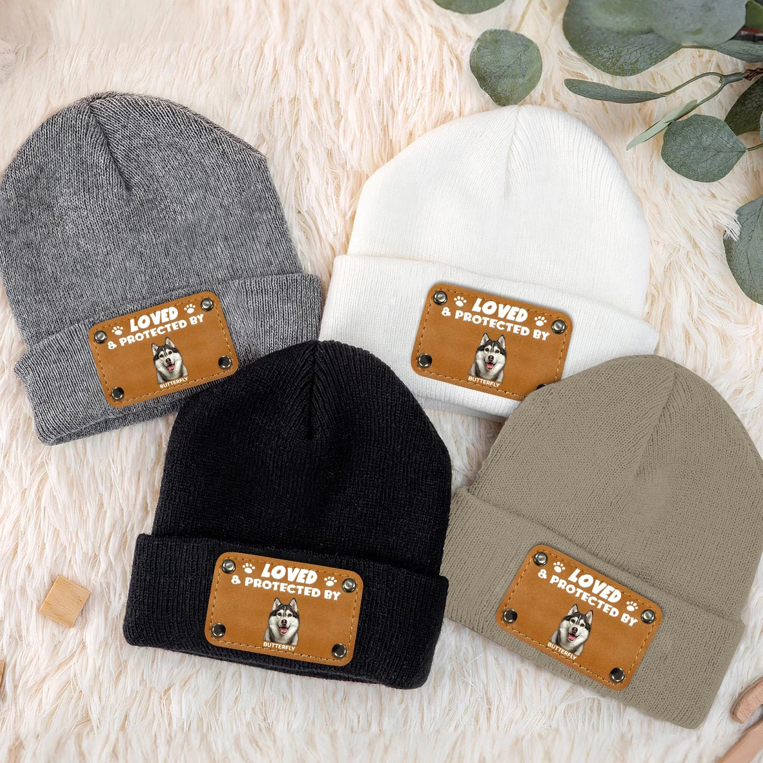 Custom Photo Loved & Protected By - Gift For Baby, Pet Lovers - Personalized Beanie With Leather Patch - Image 4