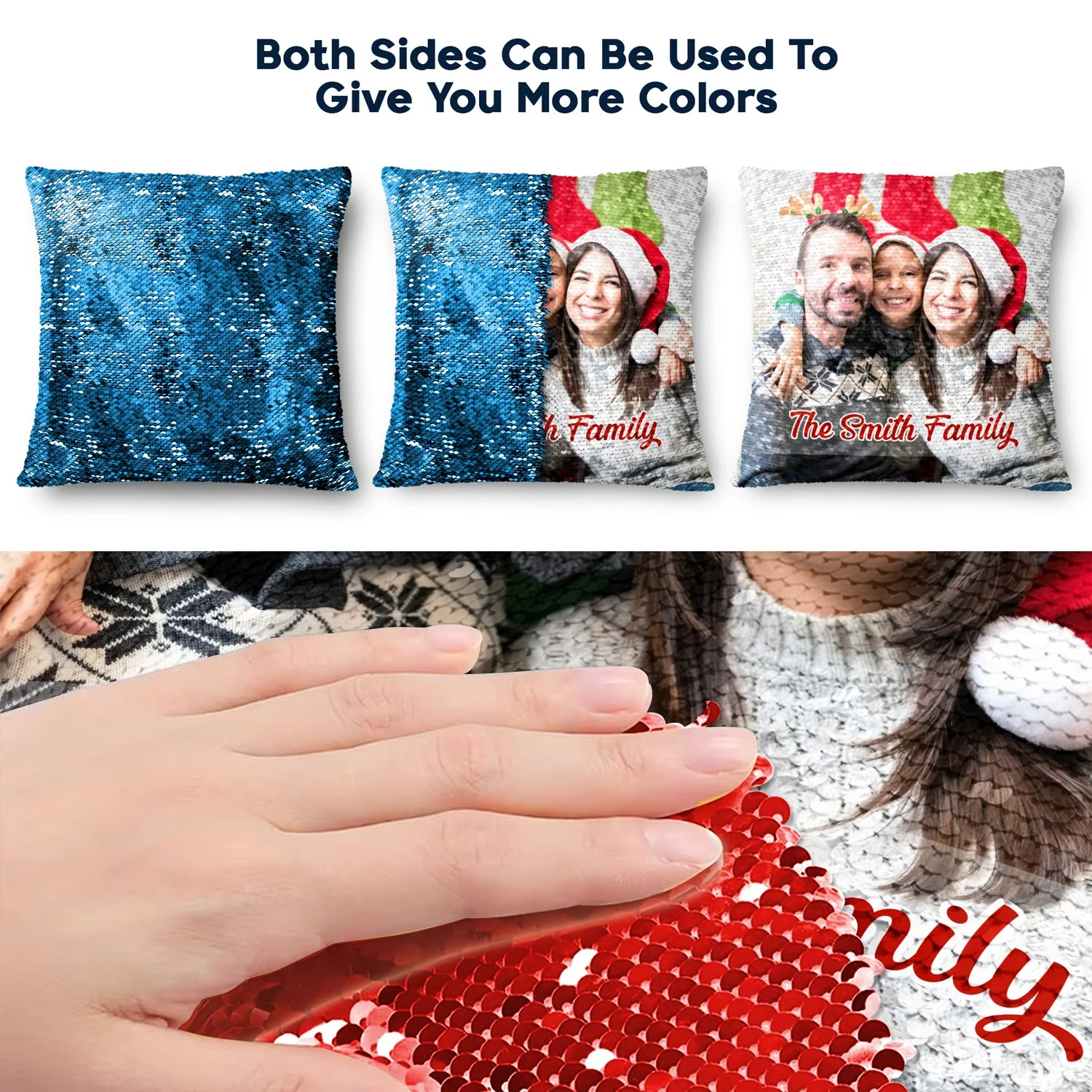 Custom Photo Lovely Family - Gift For Couples, Husband And Wife, Kids, Grandparents - Personalized Sequin Pillow, Mermaid Sequin Cushion Magic Reversible Throw Pillow - Image 3
