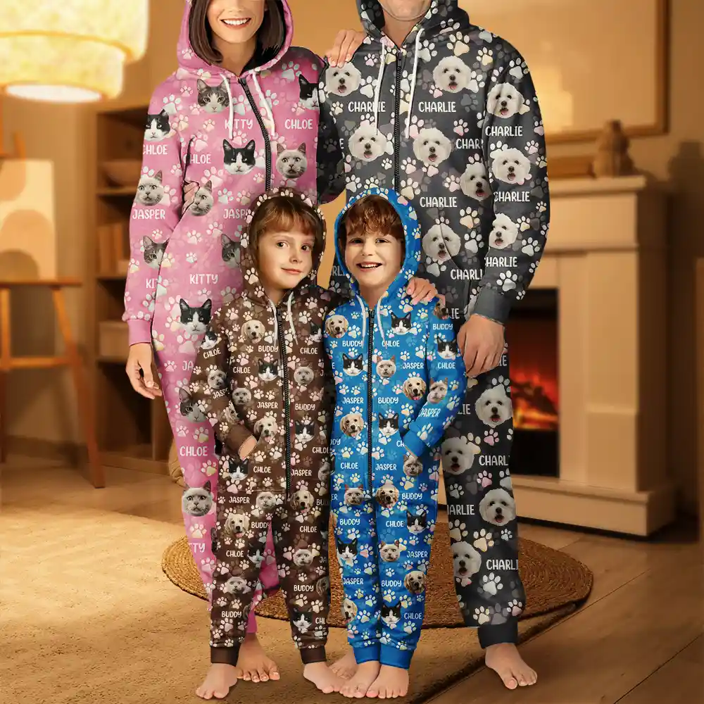 Custom Photo Lovely Pet Face Pattern Dog Cat Family - Personalized Overall Onesie Hooded Jumpsuit - Image 6
