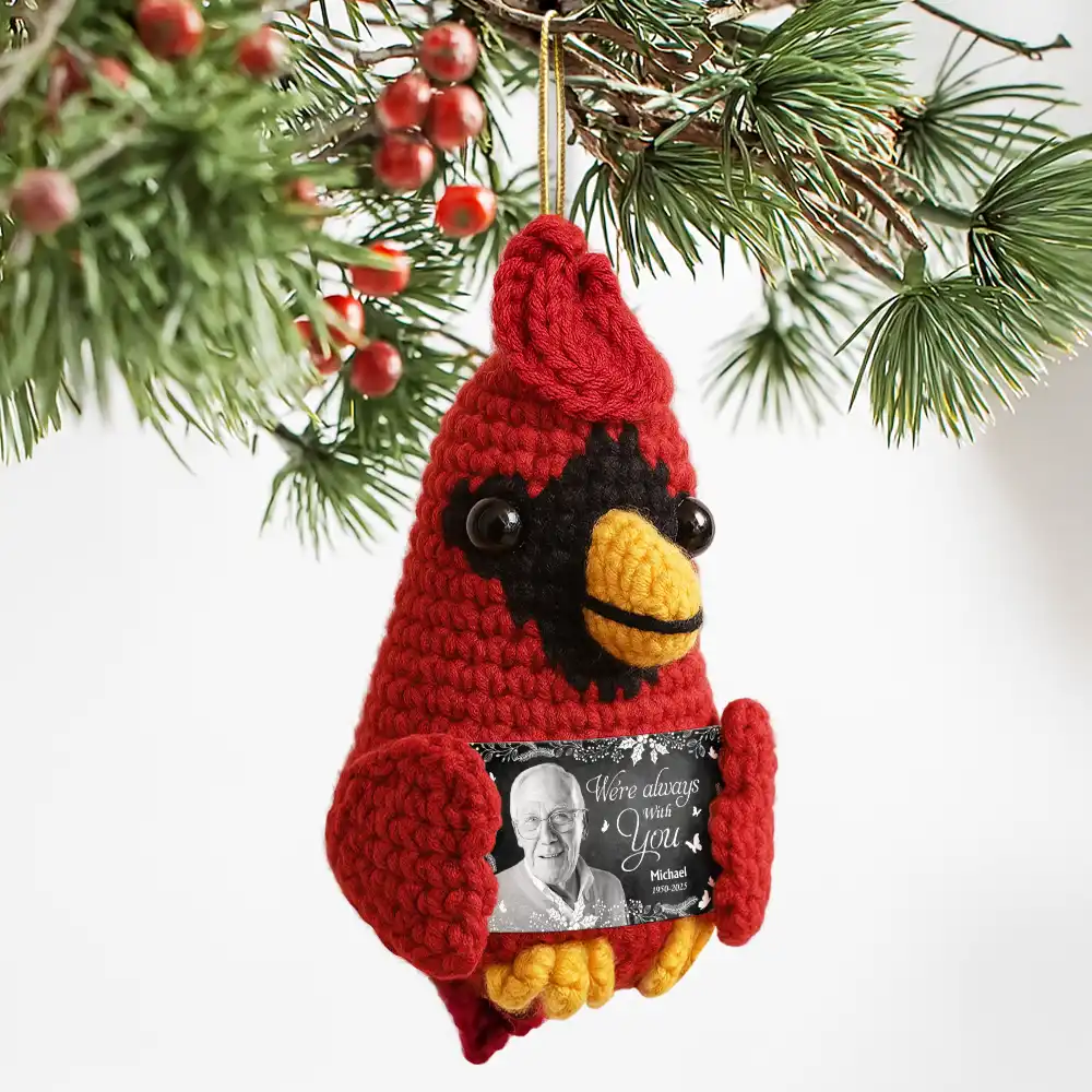 Custom Photo Memorial Although You Cannot See Me - Personalized Crochet Cardinal Bird Hanging Decoration - Image 3