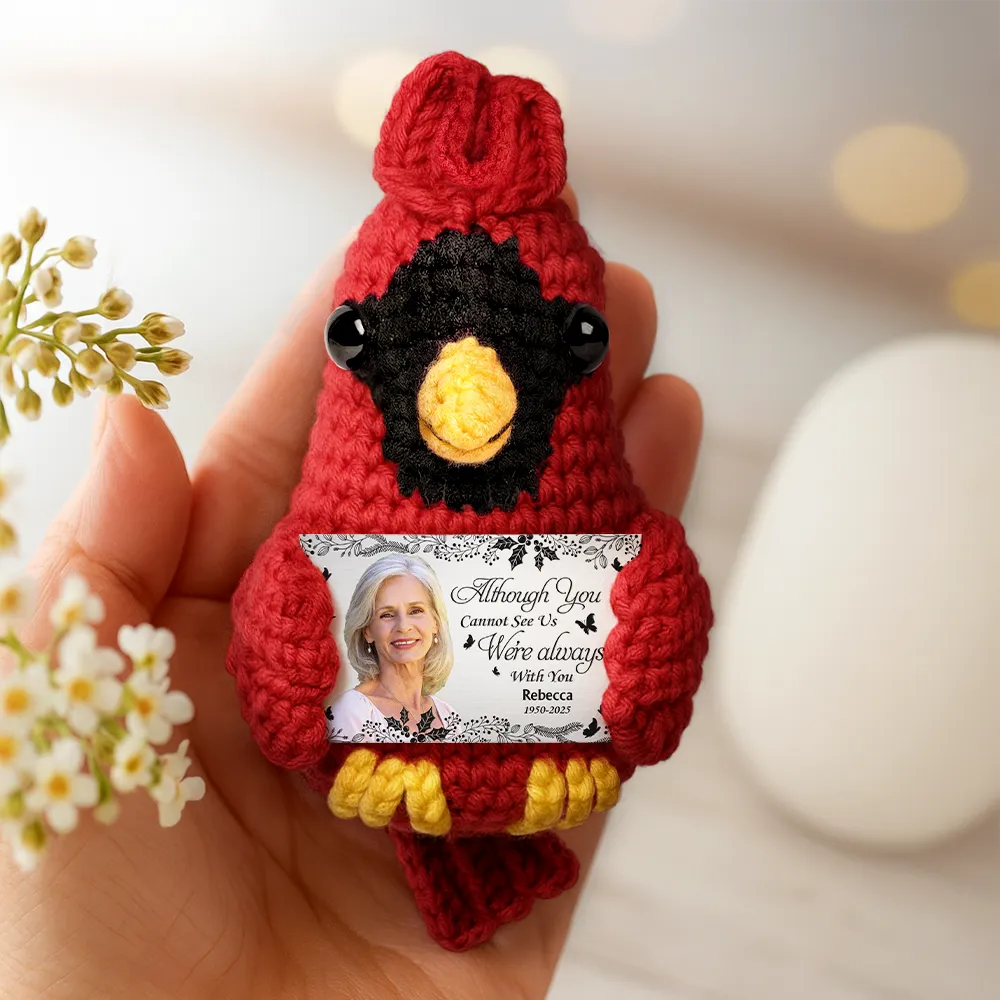 Custom Photo Memorial Although You Cannot See Me - Personalized Crochet Cardinal Bird Hanging Decoration - Image 4