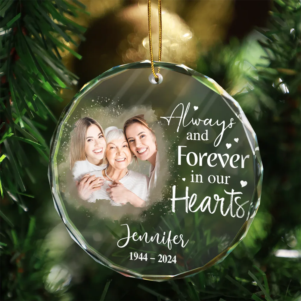 Custom Photo Memorial Always & Forever In My Heart - Personalized Circle Glass Ornament - Image 3
