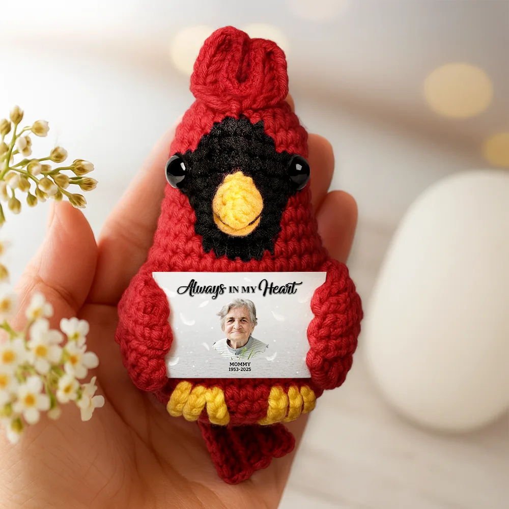 Custom Photo Memorial Always In Our Heart - Personalized Crochet Cardinal Bird Hanging Decoration - Image 4