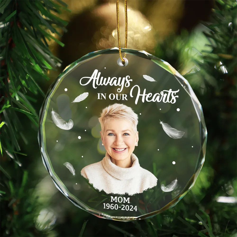 Custom Photo Memorial Always In Our Heart - Personalized Glass Ornament - Image 4