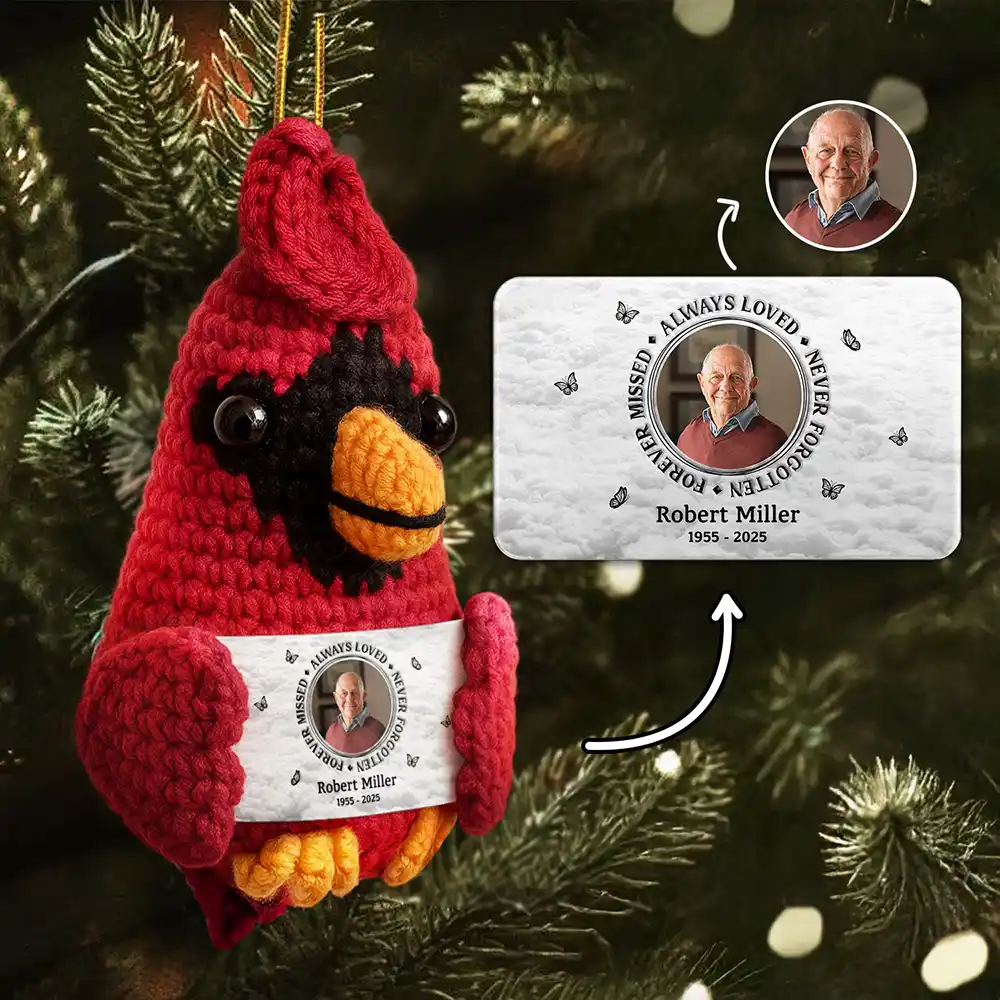 Custom Photo Memorial Always Loved Never Forgotten - Personalized Crochet Cardinal Bird Hanging Decoration