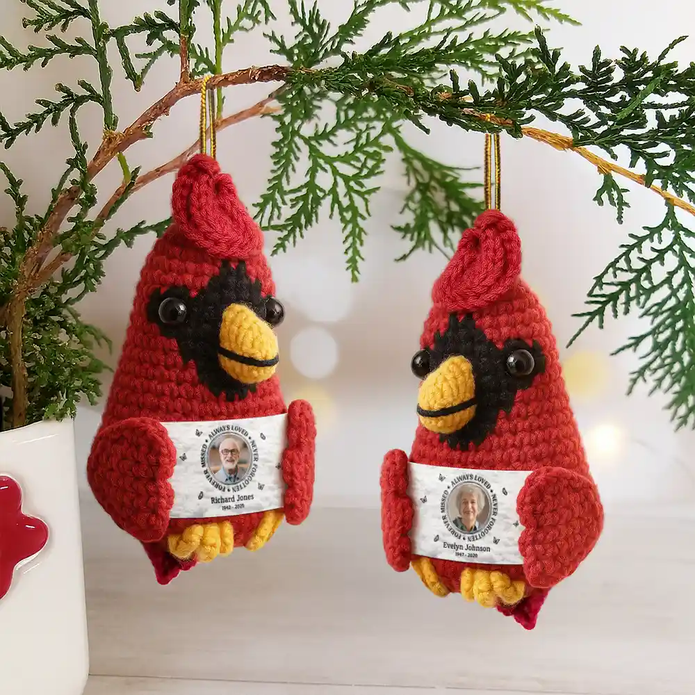Custom Photo Memorial Always Loved Never Forgotten - Personalized Crochet Cardinal Bird Hanging Decoration - Image 4