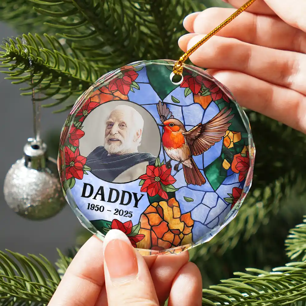 Custom Photo Memorial Bird Family Dad Mom - Personalized Circle Glass Ornament - Image 2