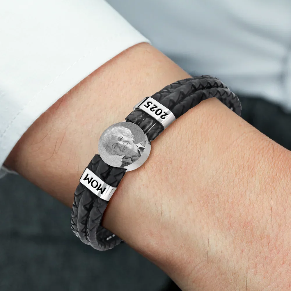 Custom Photo Memorial Dad Mom Family - Personalized Leather Braided Bracelet - Image 2