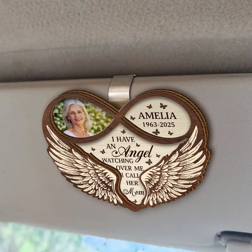 Custom Photo Memorial Dad Mom I Have An Angel Watching Over Me - Personalized Custom Shaped Car Visor Clip - Image 2