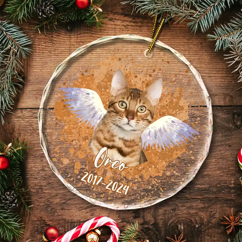 Custom Photo Memorial Dog Cat Pet Christmas - Personalized Circle Glass Ornament - Image 6