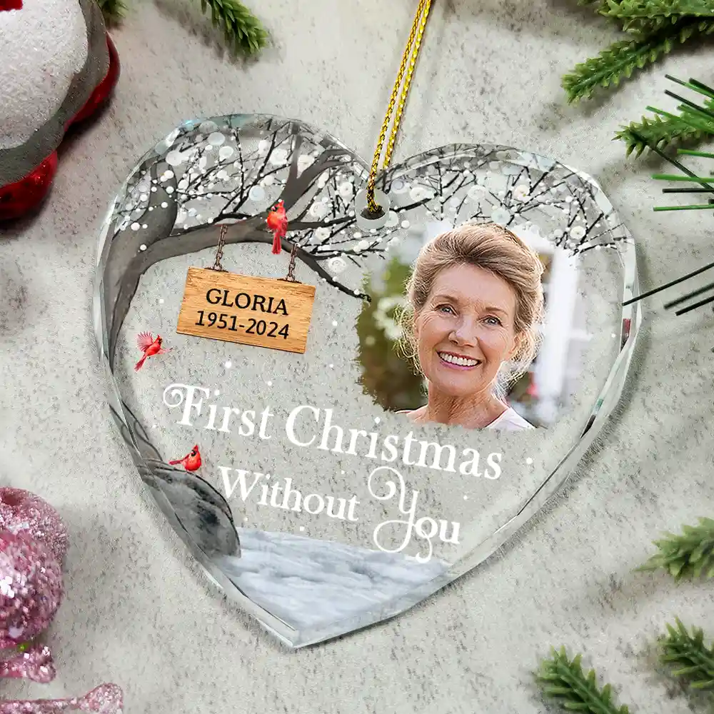 Custom Photo Memorial First Christmas Without You - Personalized Heart Shaped Glass Ornament - Image 4