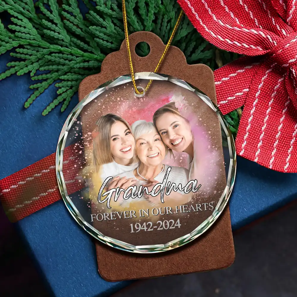 Custom Photo Memorial Forever Our My Hearts - Personalized Circle Glass Ornament - Image 6