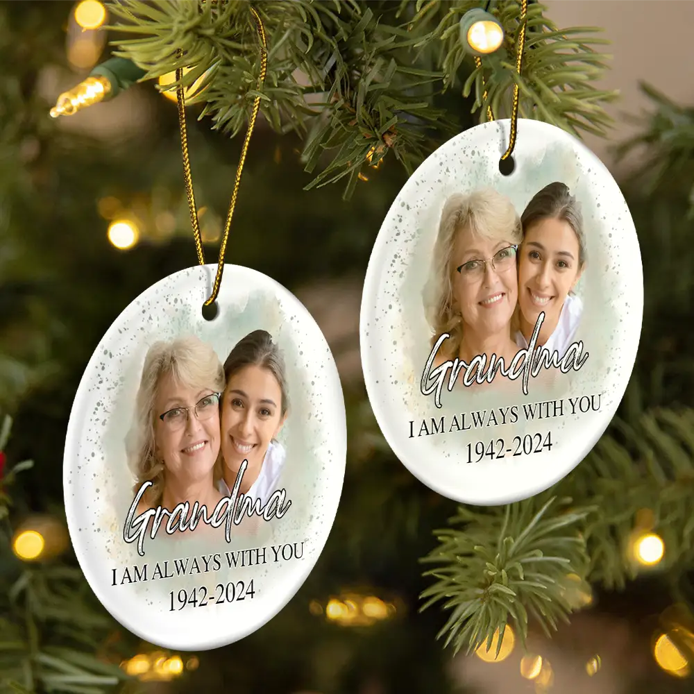 Custom Photo Memorial Grandma And Granddaughter - Personalized Circle Ceramic Ornament - Image 3