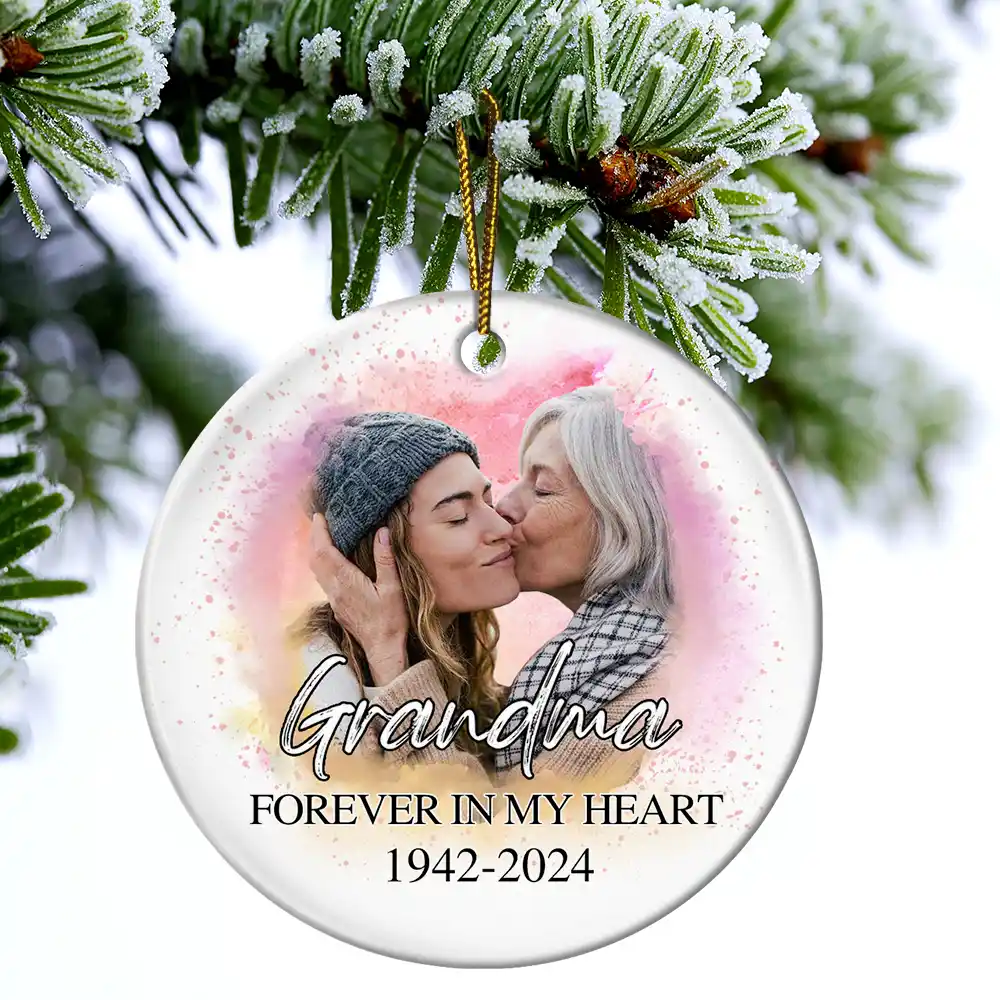 Custom Photo Memorial Grandma And Granddaughter - Personalized Circle Ceramic Ornament - Image 5