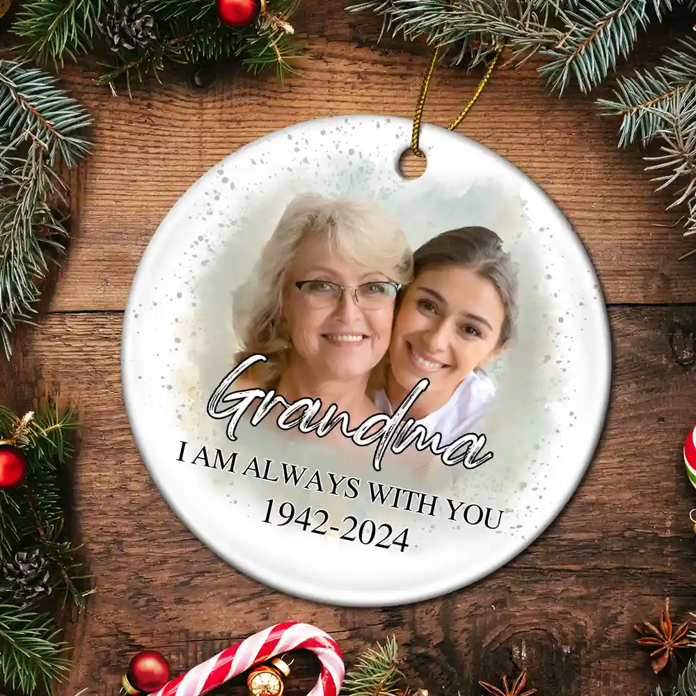 Custom Photo Memorial Grandma And Granddaughter - Personalized Circle Ceramic Ornament - Image 6