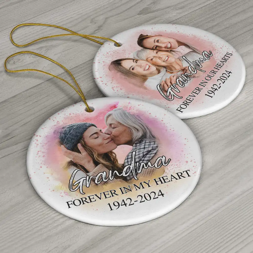 Custom Photo Memorial Grandma And Granddaughter - Personalized Circle Ceramic Ornament - Image 7