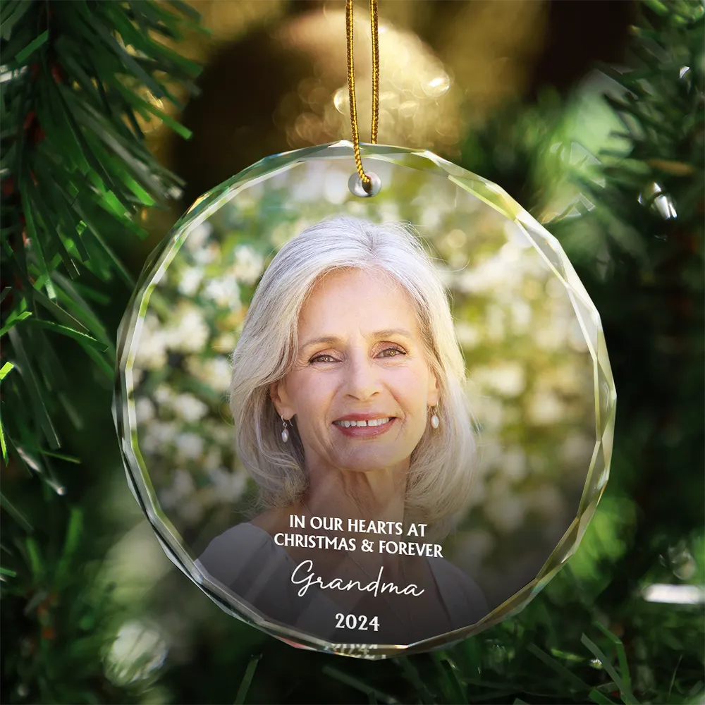 Custom Photo Memorial In Our Hearts At Christmas And Forever - Personalized Glass Ornament - Image 3