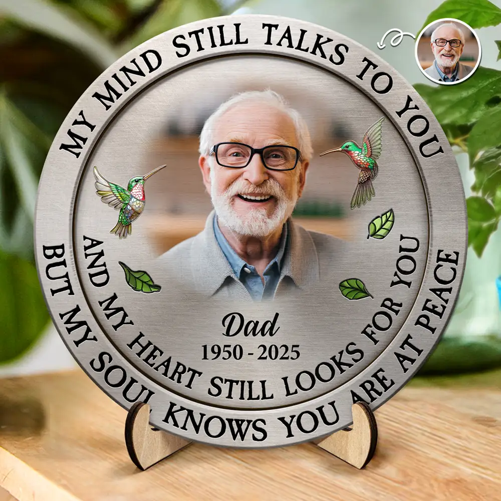 Custom Photo Memorial My Mind Still Talks To You - Personalized 2-Layered Wooden Plaque With Stand - Image 2