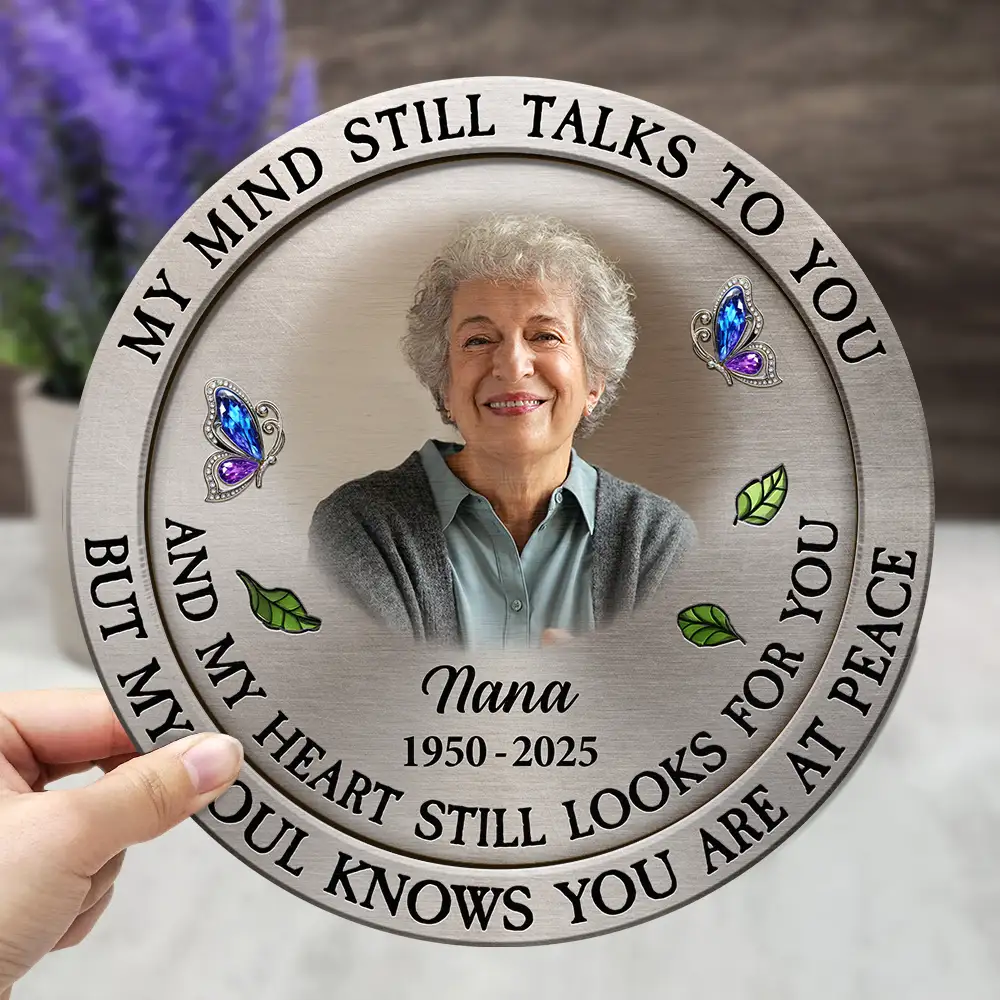 Custom Photo Memorial My Mind Still Talks To You - Personalized 2-Layered Wooden Plaque With Stand - Image 4