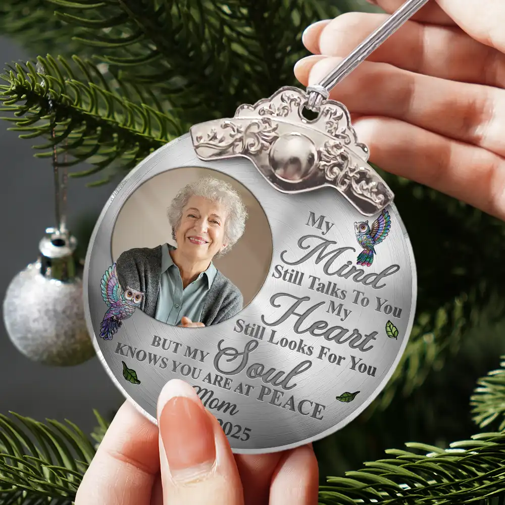 Custom Photo Memorial My Mind Still Talks To You - Personalized Glass Ornament With Silver Cap - Image 3
