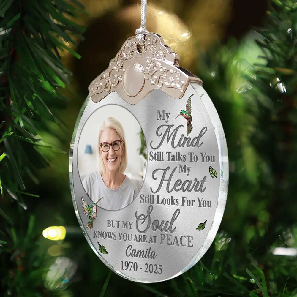 Custom Photo Memorial My Mind Still Talks To You - Personalized Glass Ornament With Silver Cap - Image 4