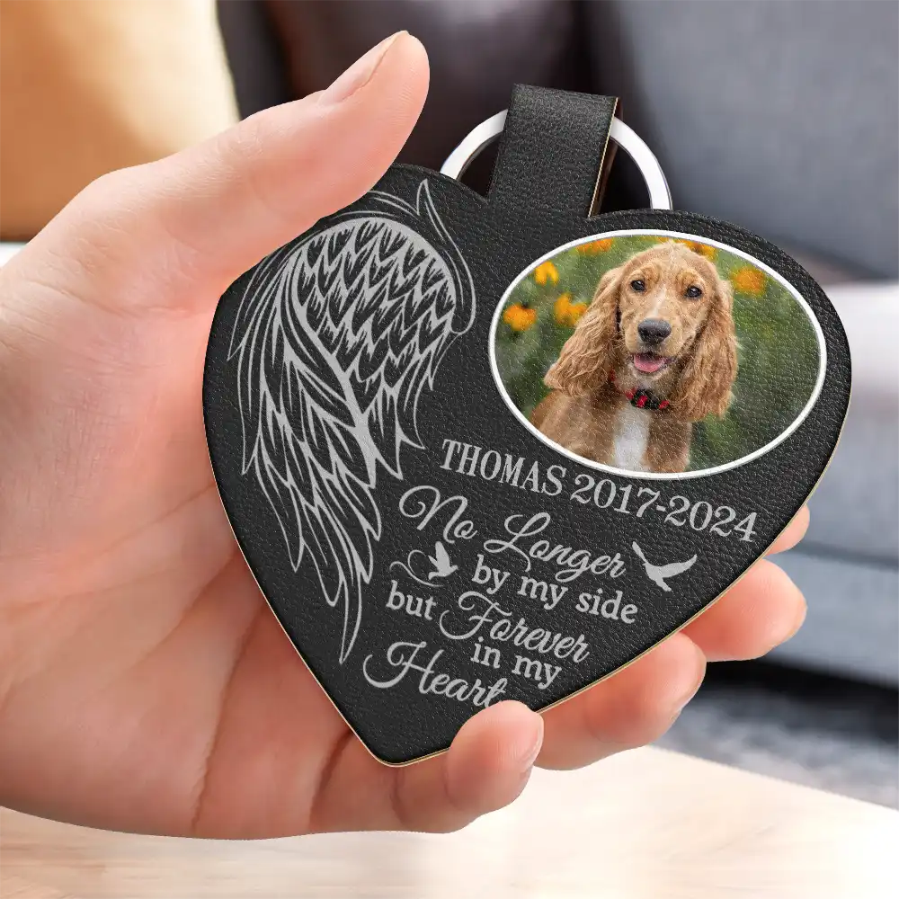Custom Photo Memorial No Longer By My Side - Personalized Custom Shaped Leather Keychain - Image 3