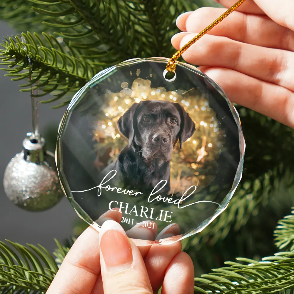 Custom Photo Memorial Pet Forever Loved - Personalized Circle Glass Ornament - Image 2