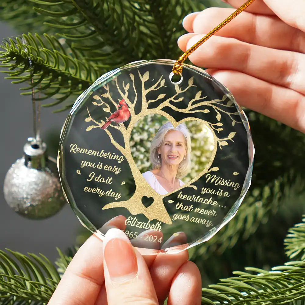 Custom Photo Memorial Remembering You Is Easy - Personalized Circle Glass Ornament - Image 2