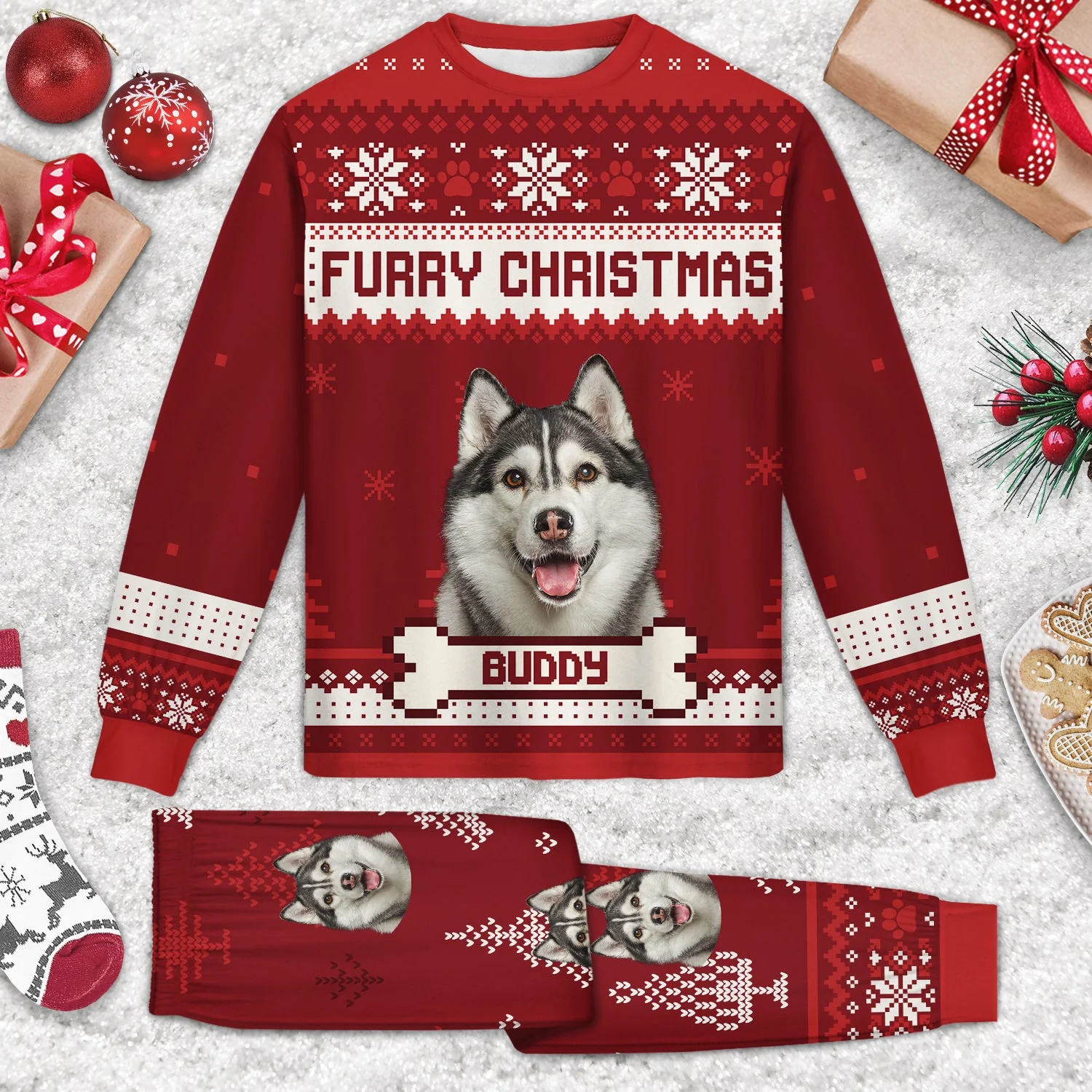 Custom Photo Meowy Catmas Feliz Navidog - Christmas Gift For Cat Lovers, Dog Lovers, Pet Owners - Personalized Unisex Pajamas Set - Image 3