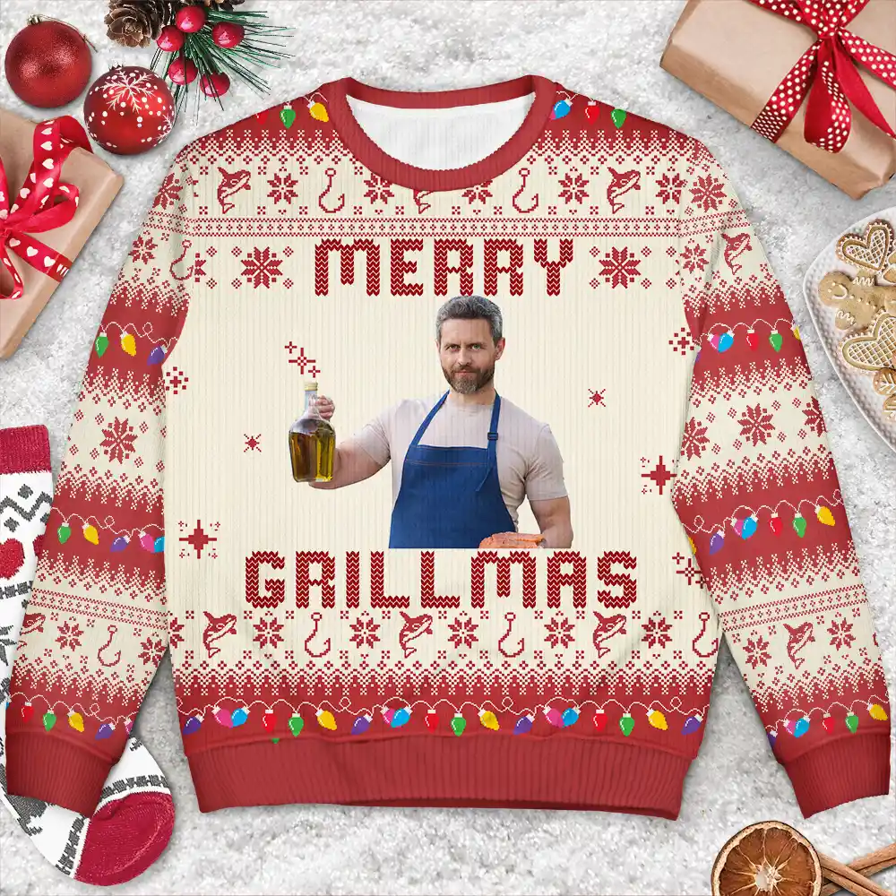 Custom Photo Merry Golfmas Fishmas Grillmas Huntmas - Personalized Unisex Ugly Sweater - Image 5