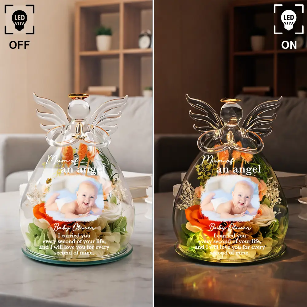 Custom Photo Mom Of An Angel - Personalized Flower In Glass Angel Figurine - Image 4