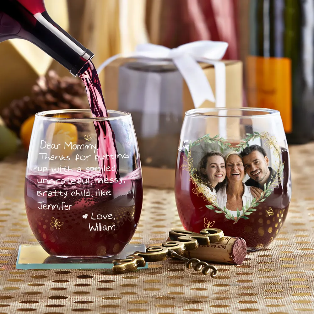 Custom Photo Mom Thanks For Putting Up With My Sibling - Personalized Stemless Wine Glass - Image 3
