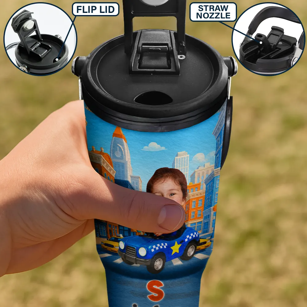 Custom Photo Monogram Kid Toy Car - Personalized 30oz Tumbler With Handle - Image 5