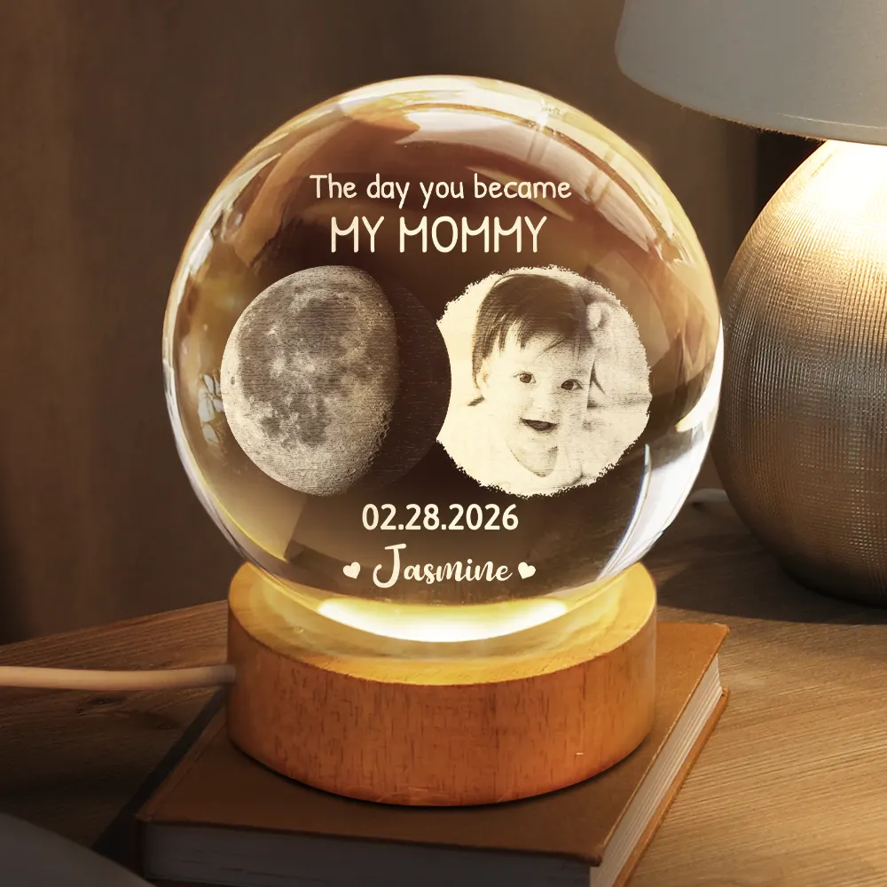Custom Photo Moon Phase The Night You Became My Mom - Personalized Crystal Globe Lamp - Image 2