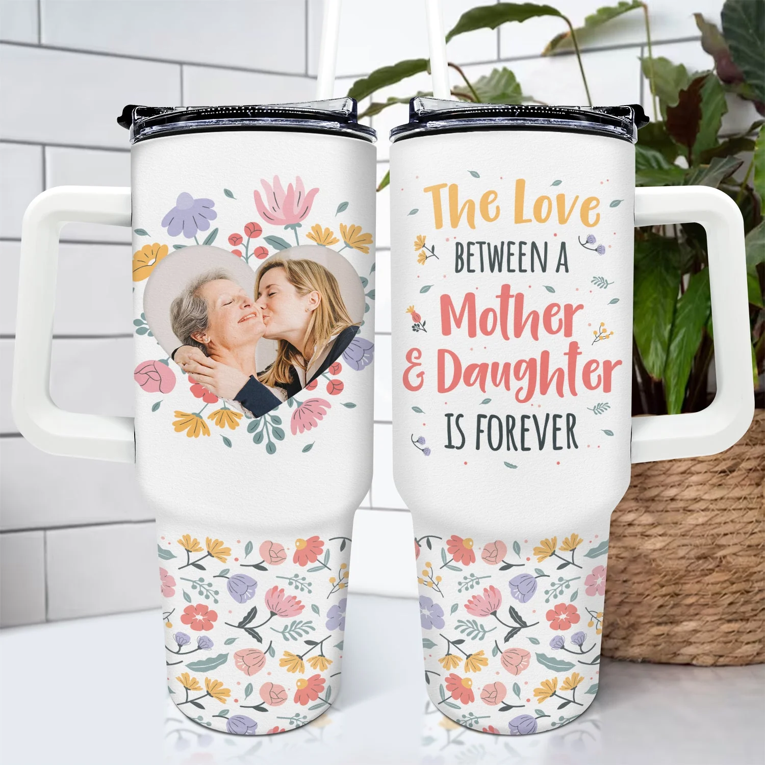 Custom Photo Mother & Daughter Son Forever Linked Together - Loving Gift For Mom, Mama - Personalized 40oz Tumbler With Straw - Image 4