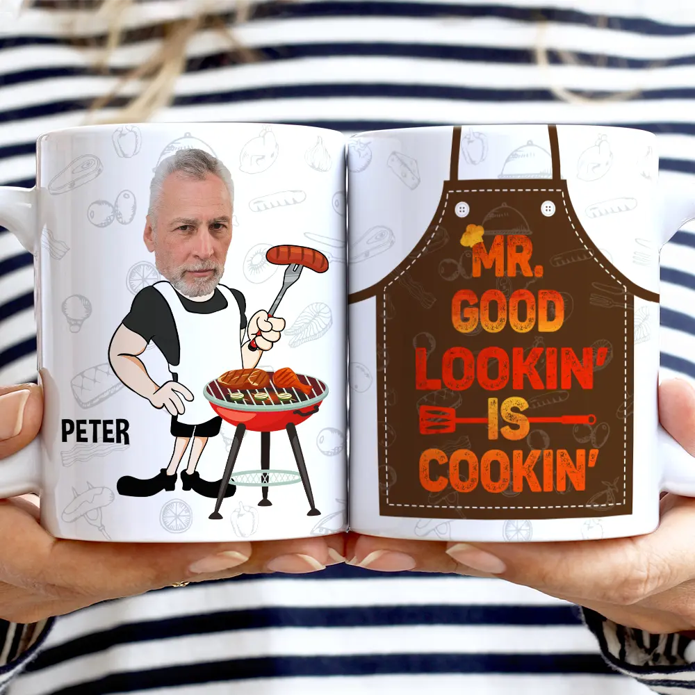 Custom Photo Mr. Good Looking Is Cooking Grilling Apron - Personalized White Edge-to-Edge Mug - Image 3