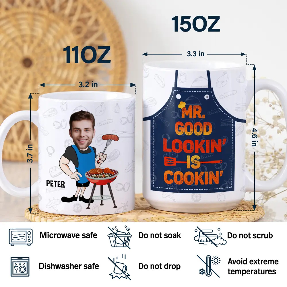 Custom Photo Mr. Good Looking Is Cooking Grilling Apron - Personalized White Edge-to-Edge Mug - Image 6