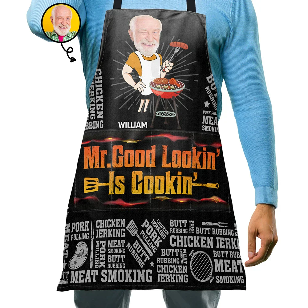 Custom Photo Mr. Good Looking Is Cooking Meat Smocking Grilling - Personalized Apron - Image 2