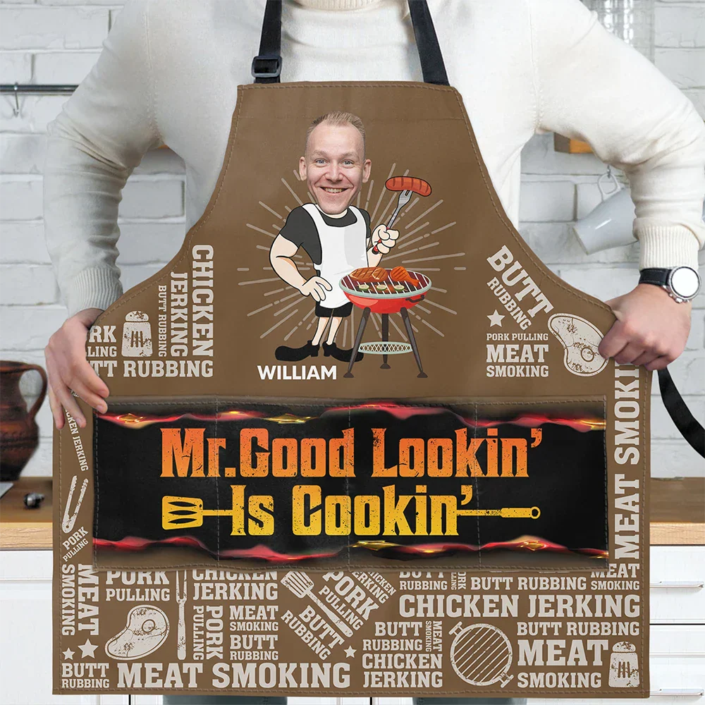 Custom Photo Mr. Good Looking Is Cooking Meat Smocking Grilling - Personalized Apron - Image 4