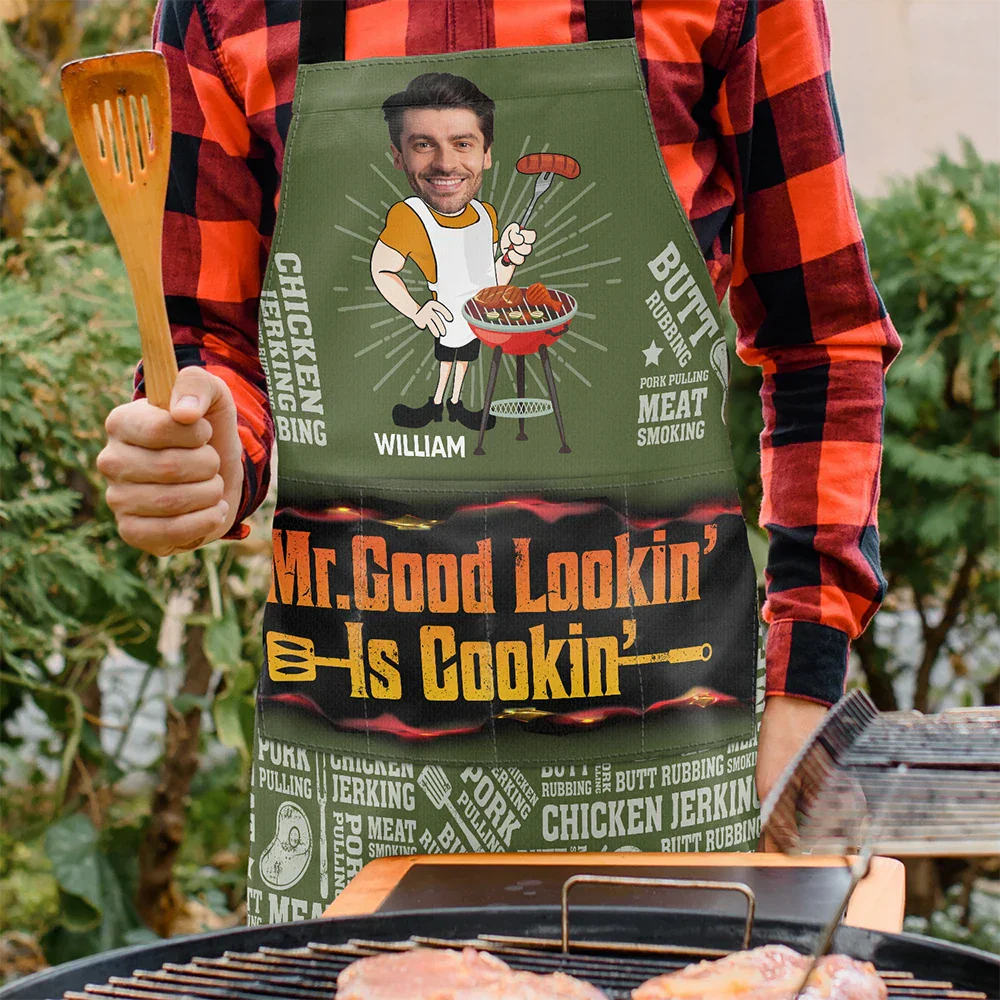 Custom Photo Mr. Good Looking Is Cooking Meat Smocking Grilling - Personalized Apron - Image 5